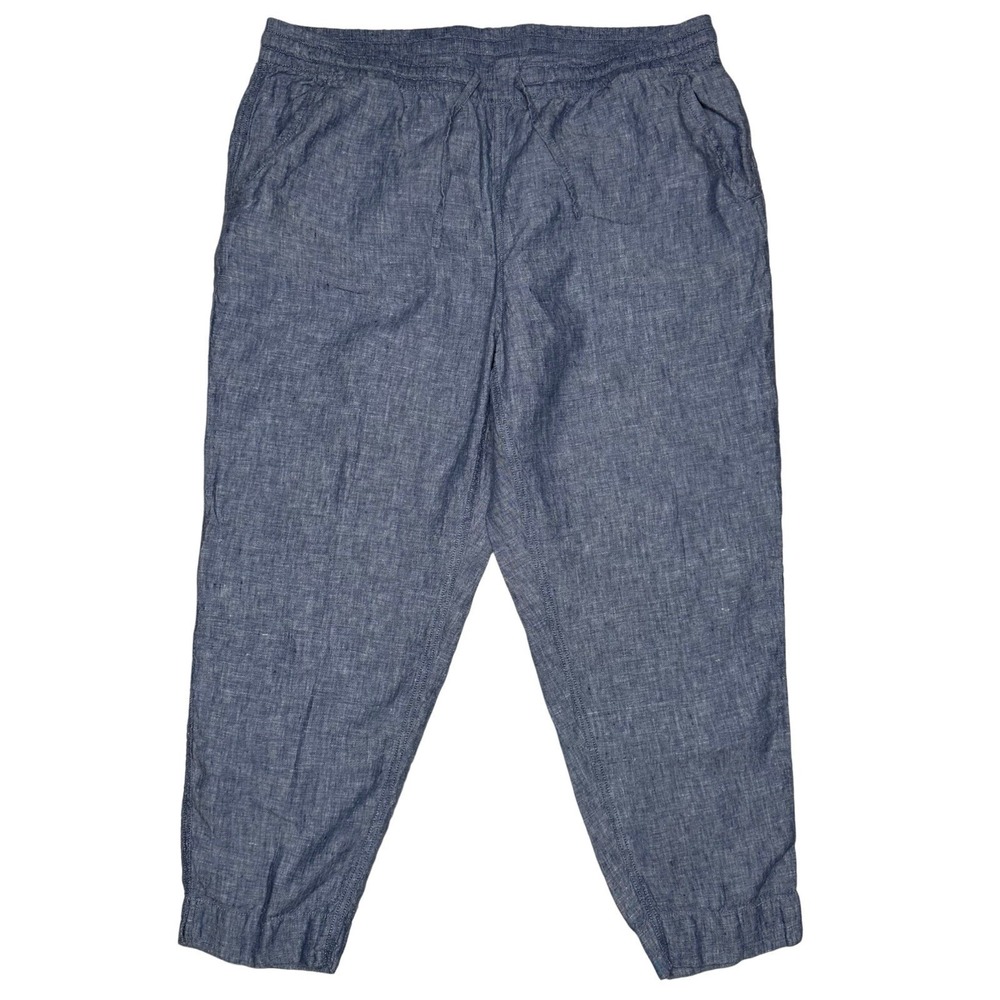 L.L Bean 100% Linen Pull On Pants 18 Elastic Drawstring Tapered Casual Chambray